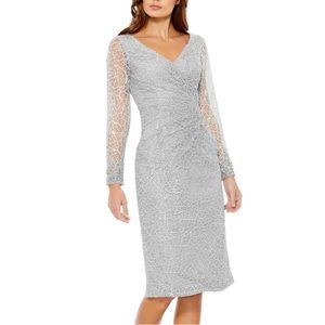 Mac Duggal Illusion Long Sleeve Crystal Lace Cocktail Dress Silver Gray Sz 4 NWT